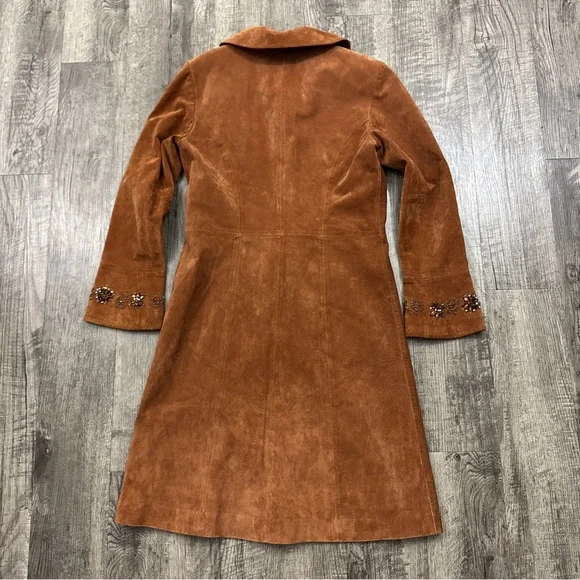 Hot in Hollywood Suede Leather Beaded Floral Embellished Long Jacket - Picture 2 of 11